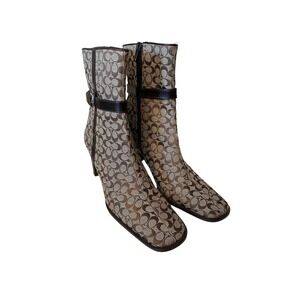 Coach Bibi Ankle Booties Khaki Mahogany Signature Jacquard Heel Size 6 B